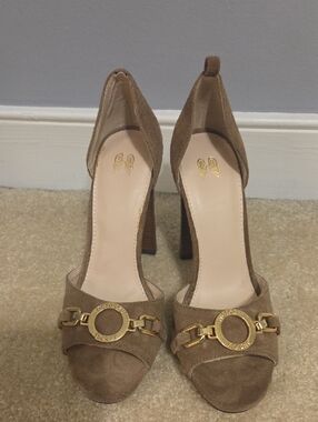 Victoria's Secret Taupe Suede High Heel Sandals with Gold Accent